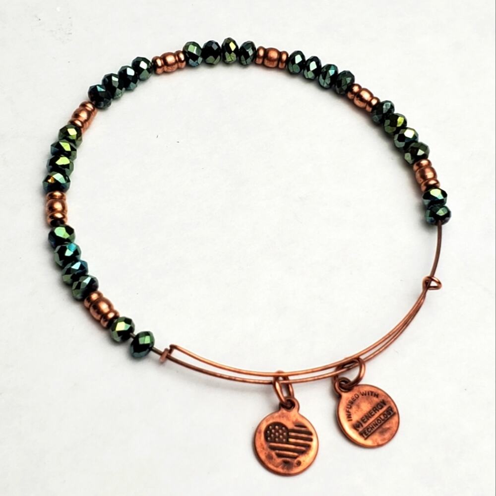 Alex and Ani Copper and Green Color Beaded Bangle Bracelet Vintage